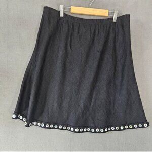 Willow Women XL Artsy Lagenlook Linen Skirt Boho Black Shell Button Trim Pullup